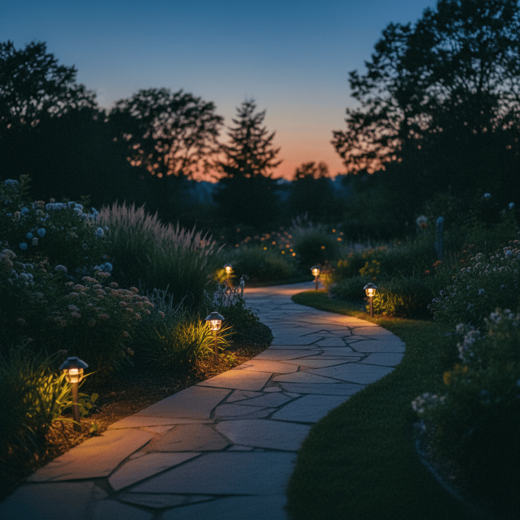 Beleuchteter Gartenweg in der Dämmerung