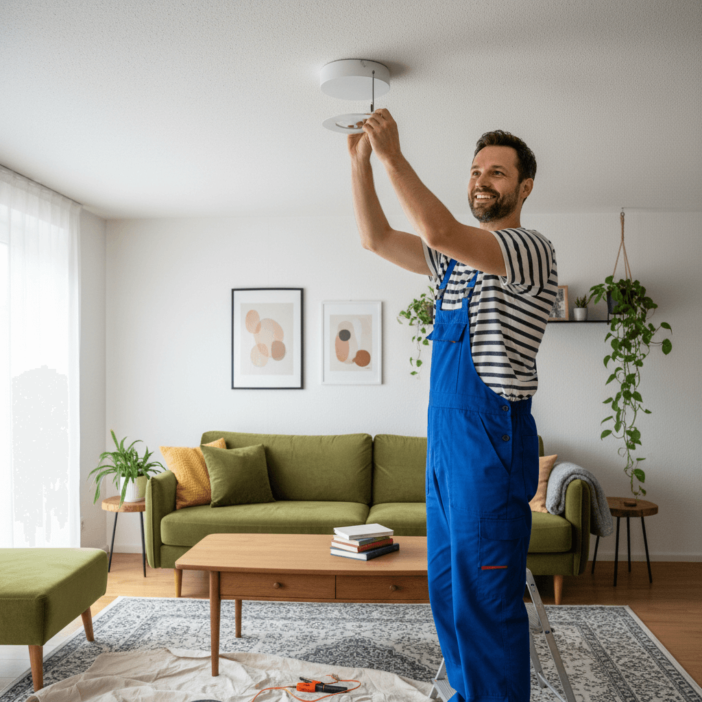Elektriker bei der Arbeit in einem Wohnzimmer