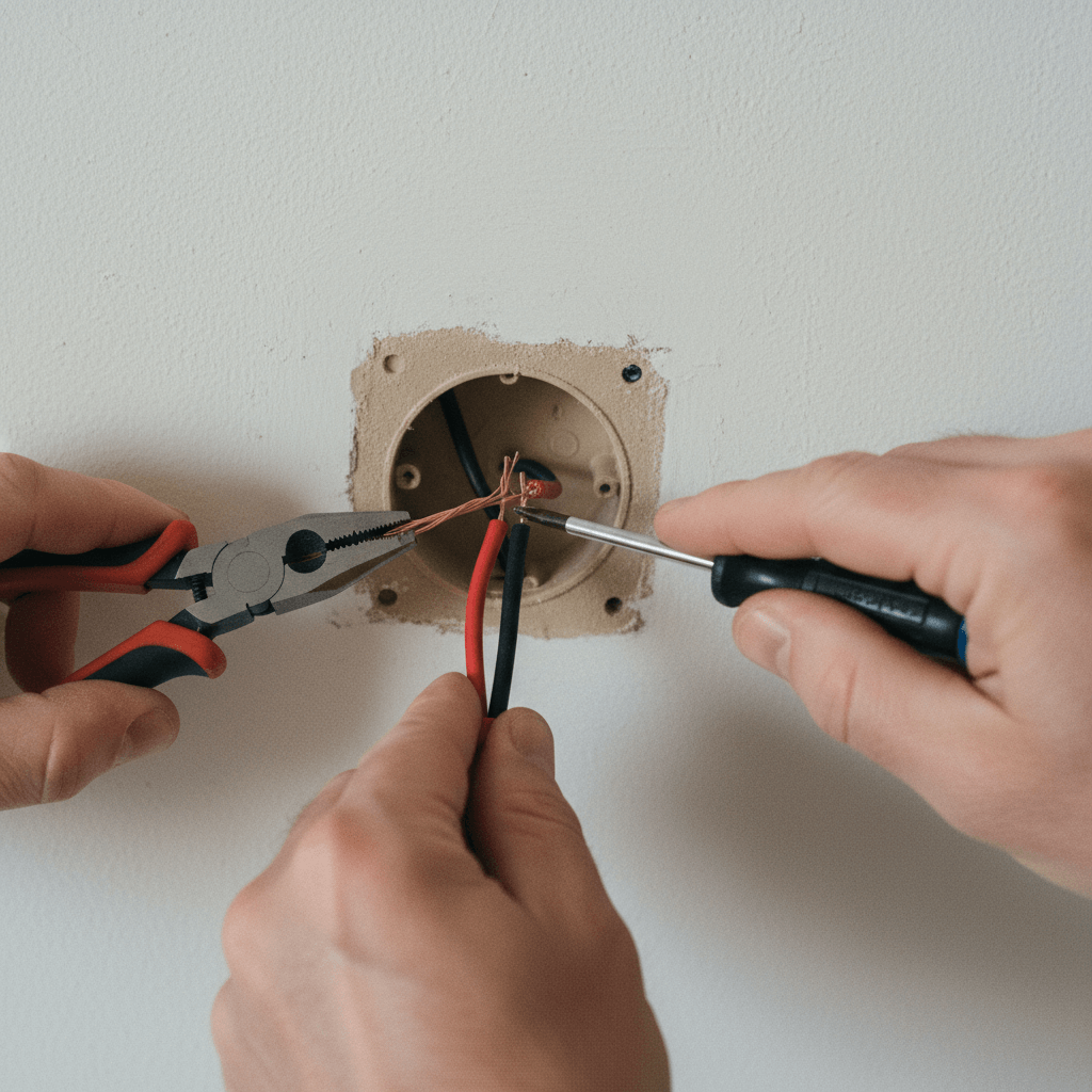 Fachmann verbindet Kabel einer Wandleuchte